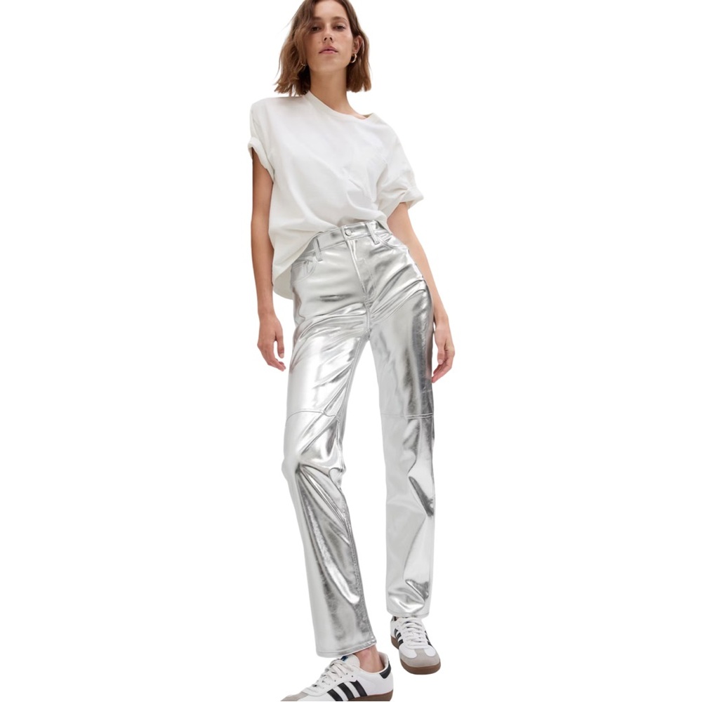 Gap Women’s High Rise Vegan Leather Straight Pants Size:30/10R in SilverMetallic